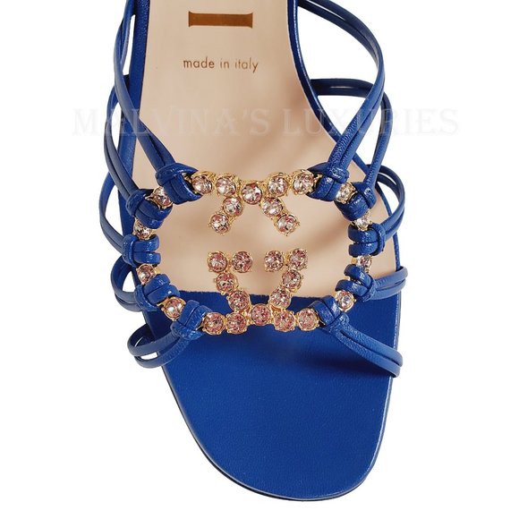 GUCCI SHOES BLUE LEATHER STRAPPY SANDALS CRYSTAL INTERLOCKING LOGO 38 8 US - Picture 7 of 15